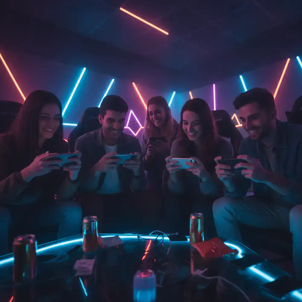 Group of friends playing mobile games together