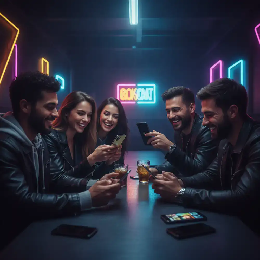 Group of happy friends engaging with their mobile devices